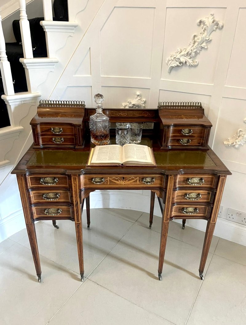 Fine Quality Antique Victorian Freestanding Maple & Co. Inlaid Writing Desk - Image 3